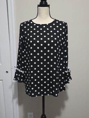 Printemps Polka Dot Tie Flutter Bell Flare Sleeve Shirt Top Medium